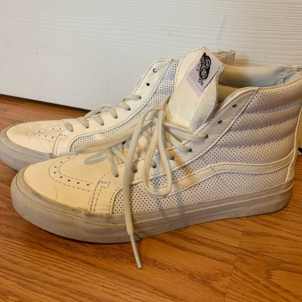 Vans White High-Top Perforated Leather Sneakers with Side Stripe